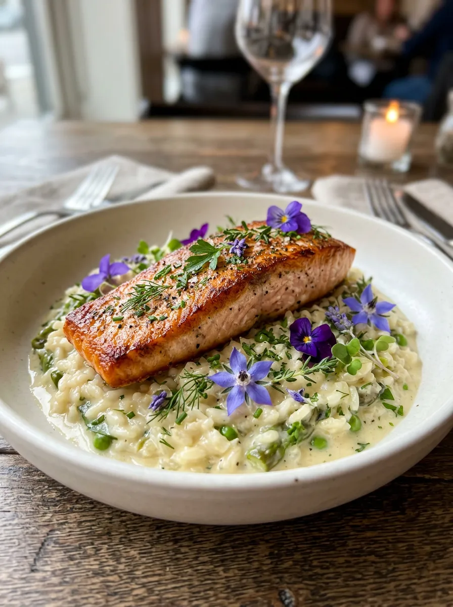 Close-up of a seared salmon fillet served over a bed of creamy pasta or risotto, garnished with herbs and purple edible flowers.