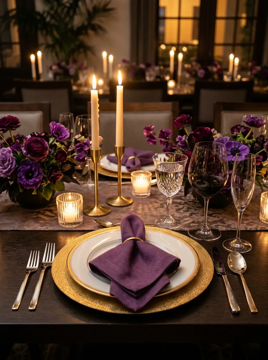 Elegant table setting with gold charger plates, deep purple napkins, crystal glasses, and glowing candles.