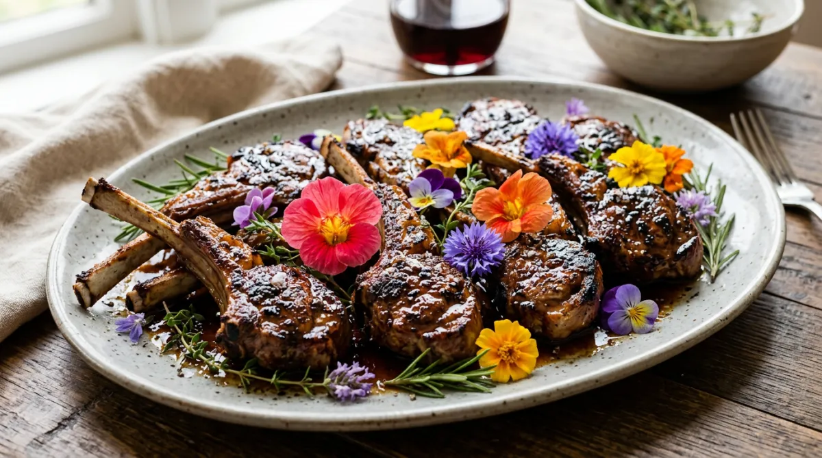 Close-up of a platter of roasted lamb chops with a glossy glaze, garnished with vibrant edible flowers in pink, yellow, and purple hues.