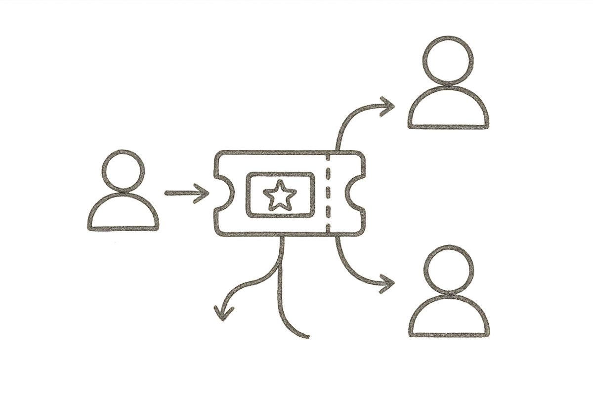 Pencil sketch of wires connecting a ticket to a person icons representing smart routing