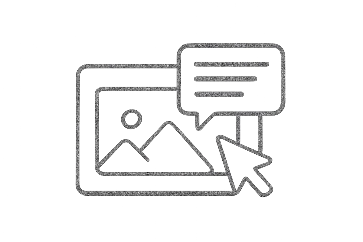 Pencil sketch of a chat bubble pointing to an image file representing visible work and comments