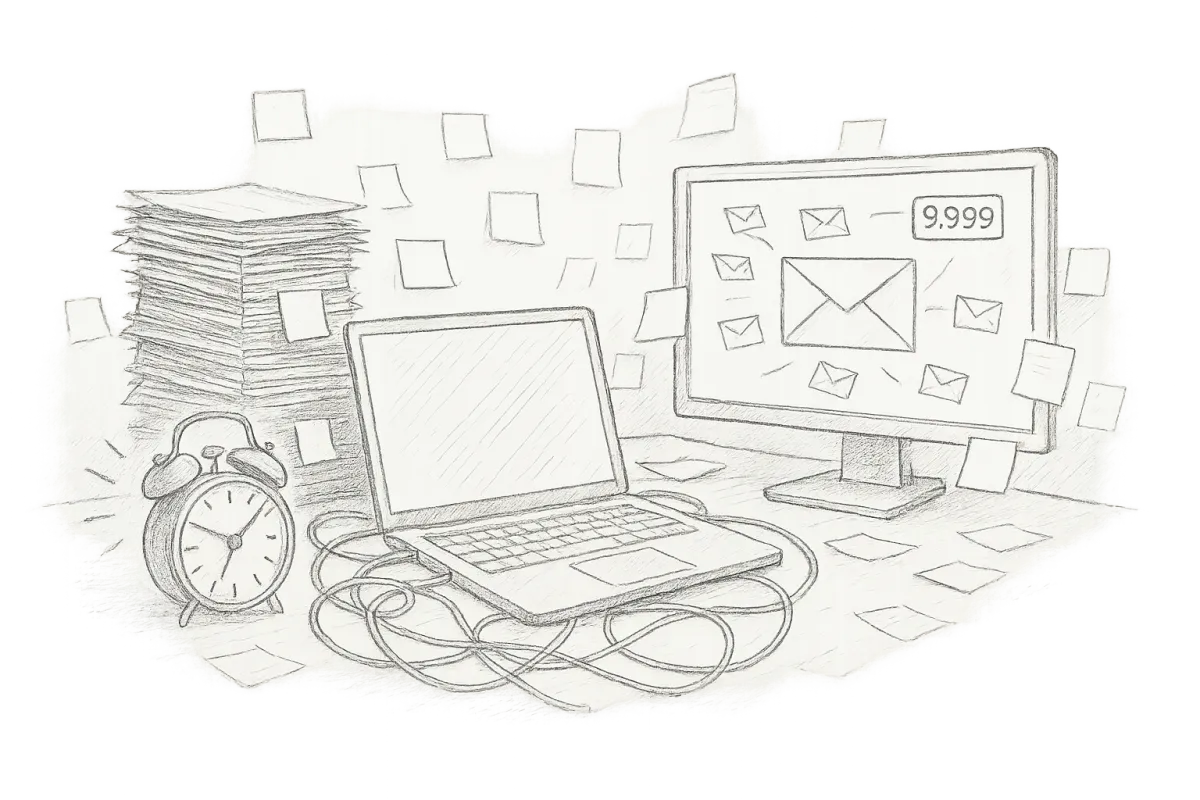 Pencil sketch of a chaotic desk with tangled wires, overflowing inbox, and angry clock representing old agency chaos