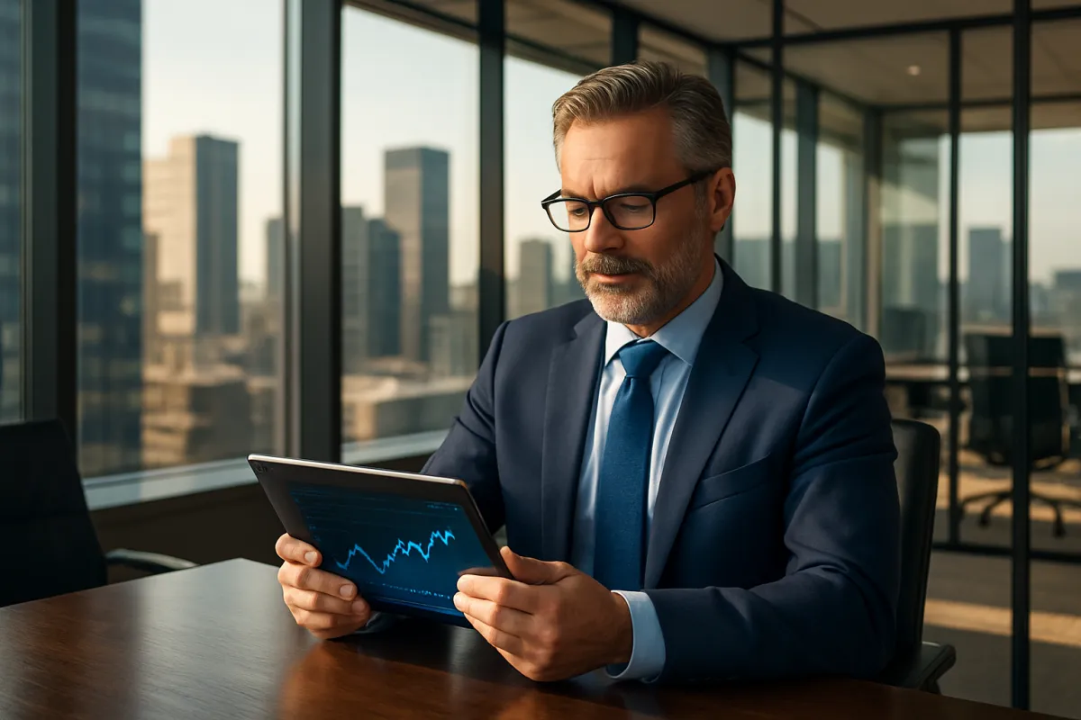 Confident asset manager reviewing portfolio performance on a tablet in a modern conference room, city view, photorealistic 3:2 composition.