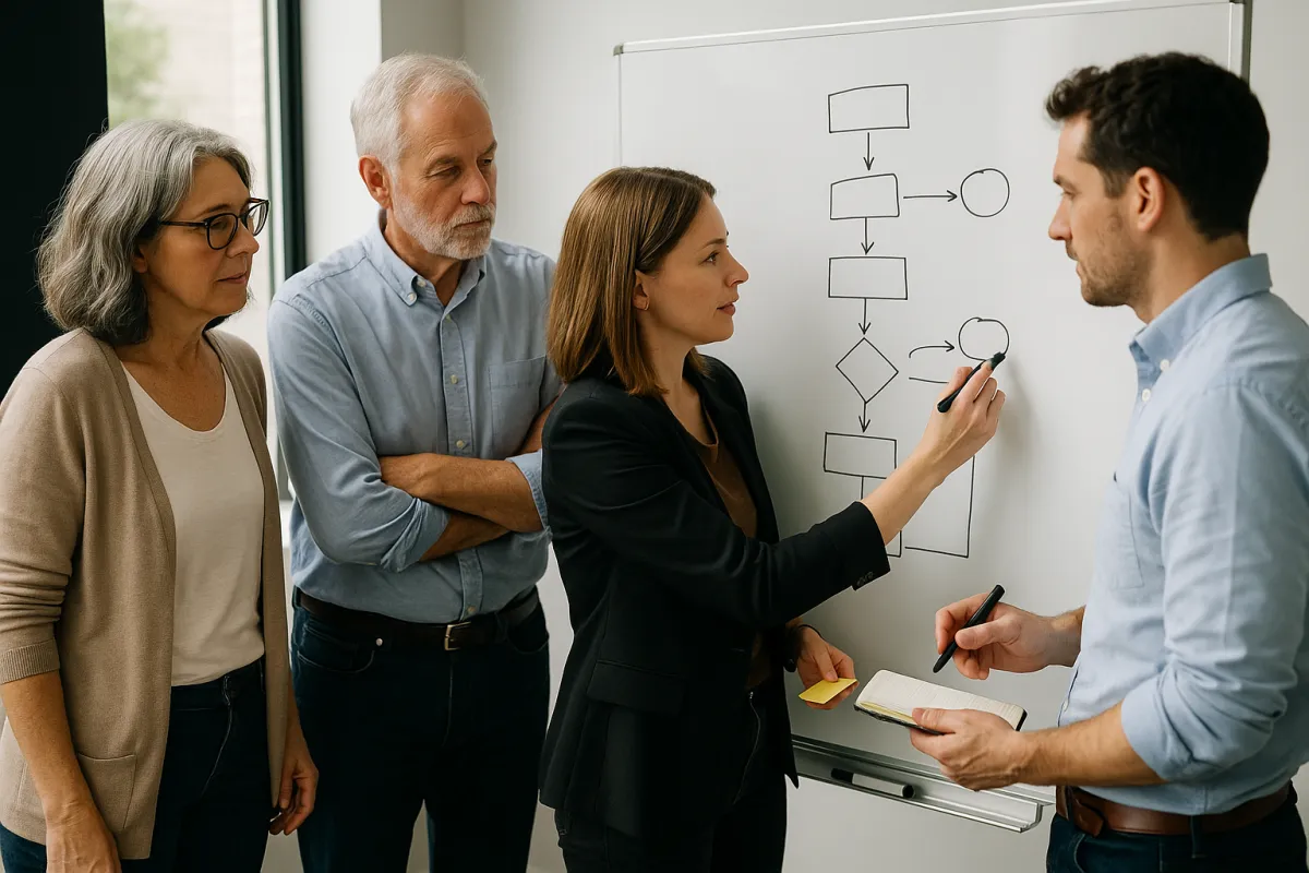 Collaborative workshop around a whiteboard sketching a client intake flow