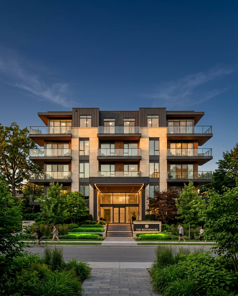 Modern multi-unit apartment community building representing local energy partnership properties