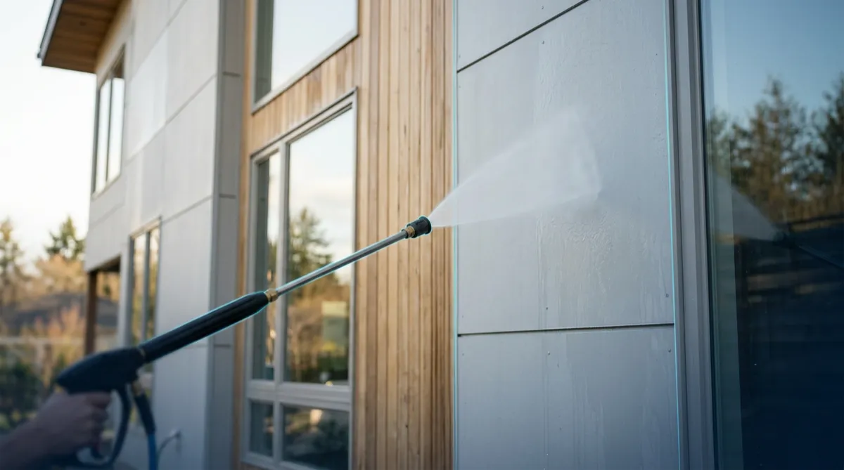 Low pressure soft wash equipment cleaning modern exterior residential home cladding
