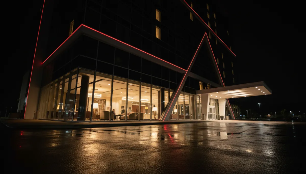 Hilton Charlotte Airport at night with sleek lighting