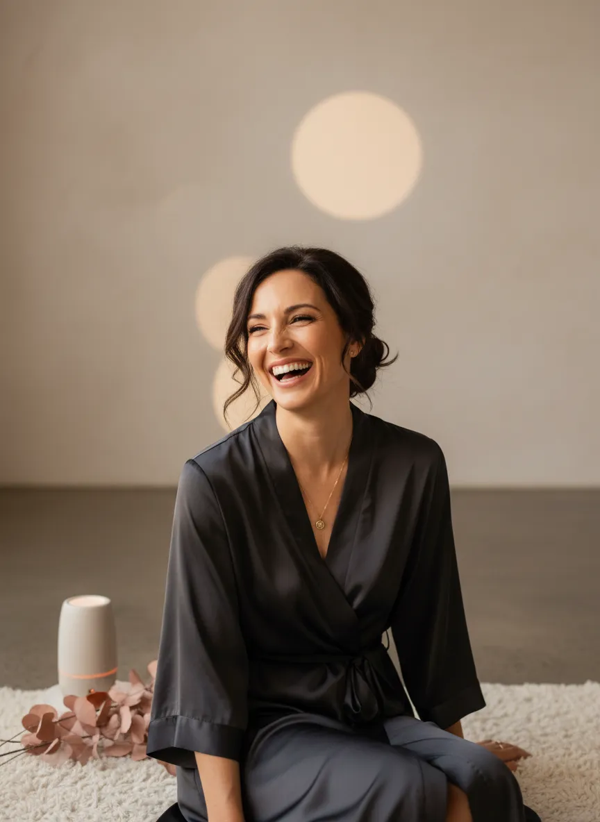 Woman laughing naturally showcasing preserved expression