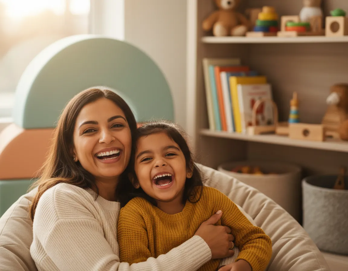 Parent and young child smiling together in a playroom setting.