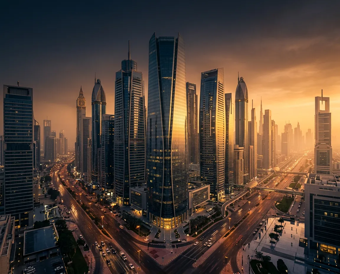 Modern architectural skyline symbolizing ambitious financial elevation and freedom