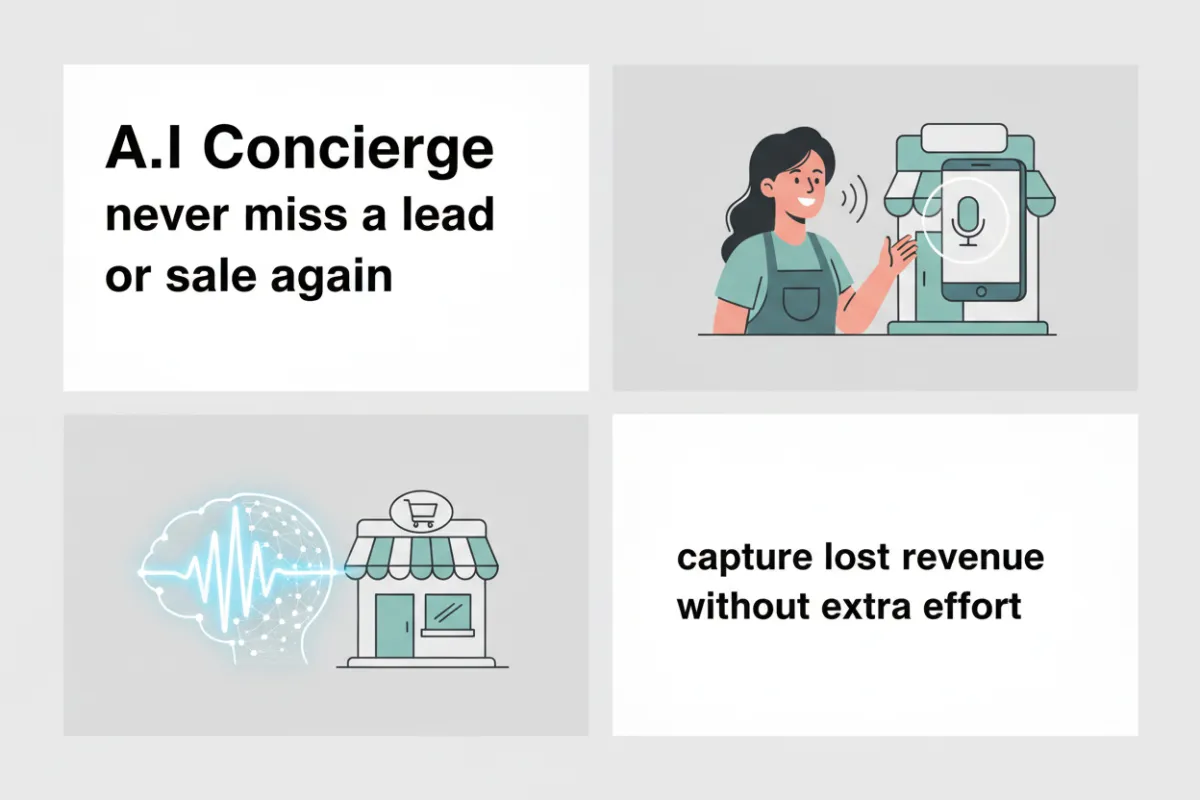 Four-panel design: top-left text 'A.I. Concierge never miss a lead or sale again', top-right voice AI image, bottom-left voice AI image, bottom-right text 'capture lost revenue without extra effort'