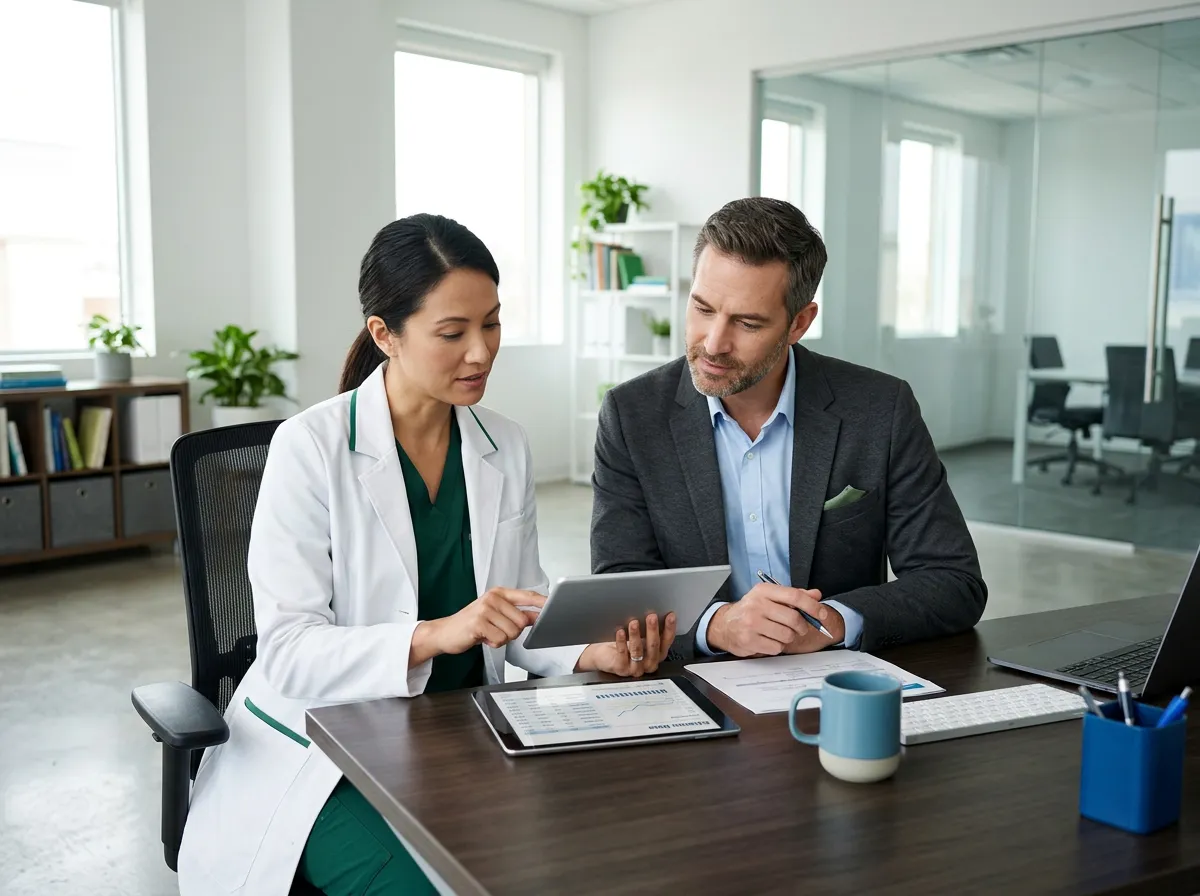 Physician and practice administrator reviewing patient claims data together on a tablet in a clinical office setting