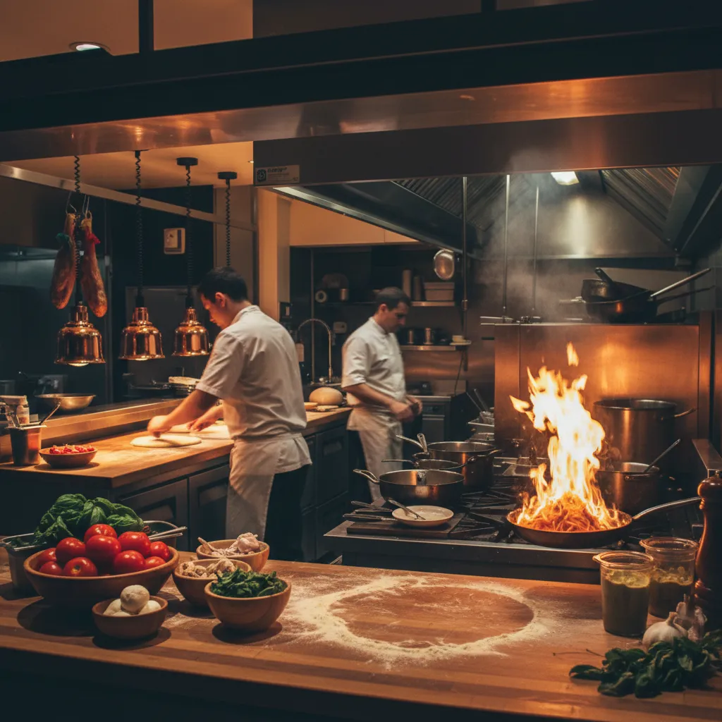 Open kitchen with chefs preparing meals