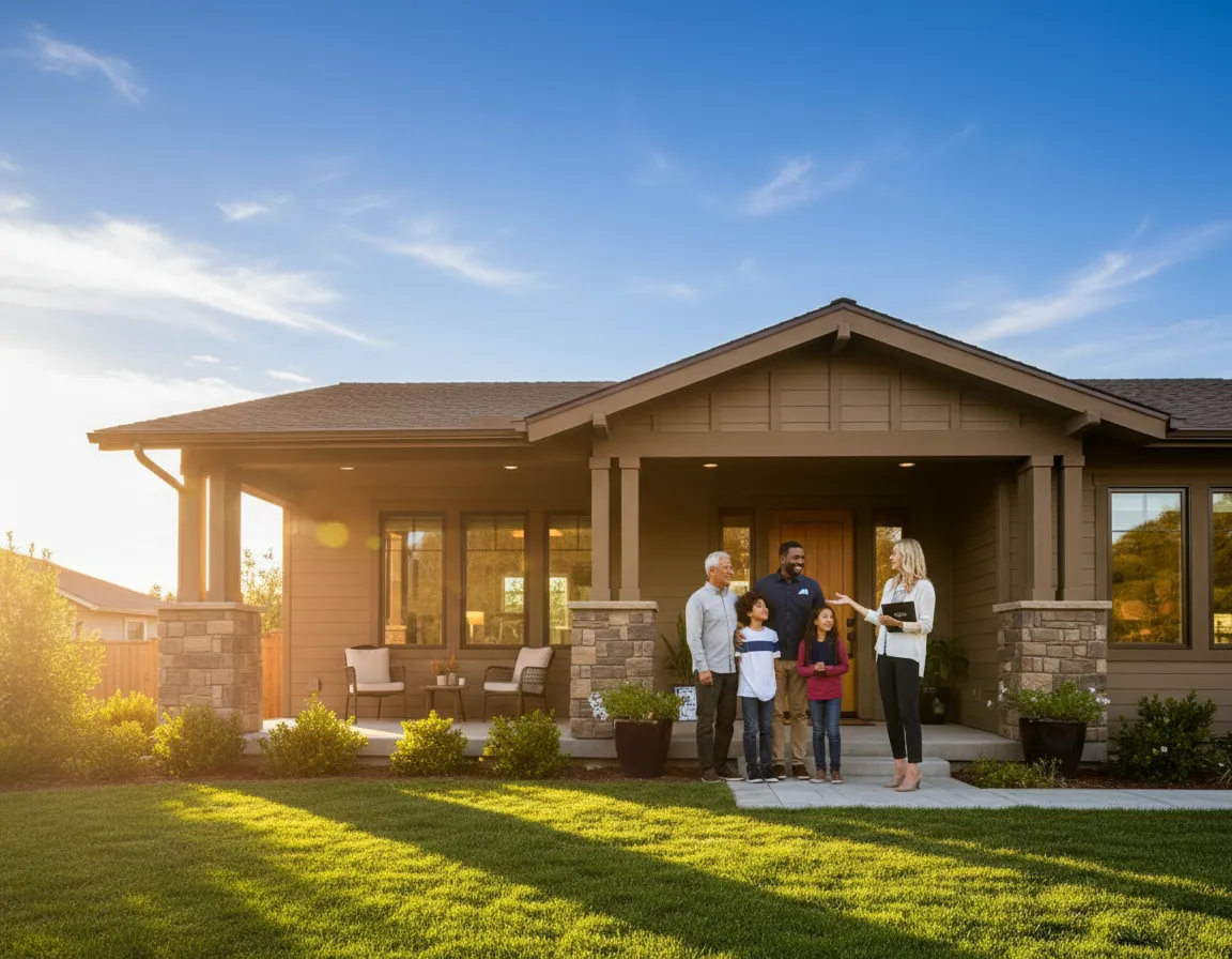 A real estate agent showing a modern home to prospective buyers