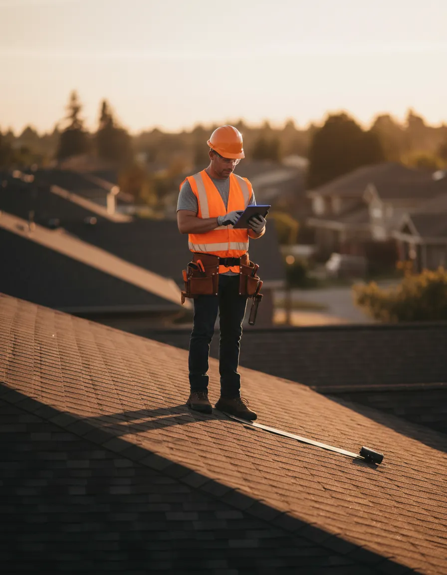 Confident roofer on a job site using a mobile device