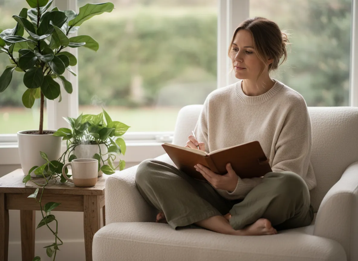Calm woman journaling by a window with plants