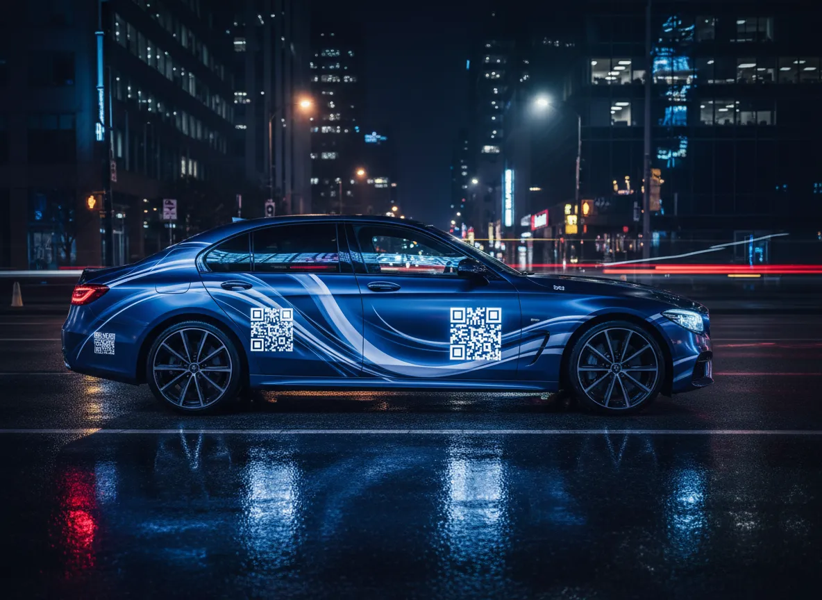 Nighttime city scene with premium wrapped car featuring glowing QR elements