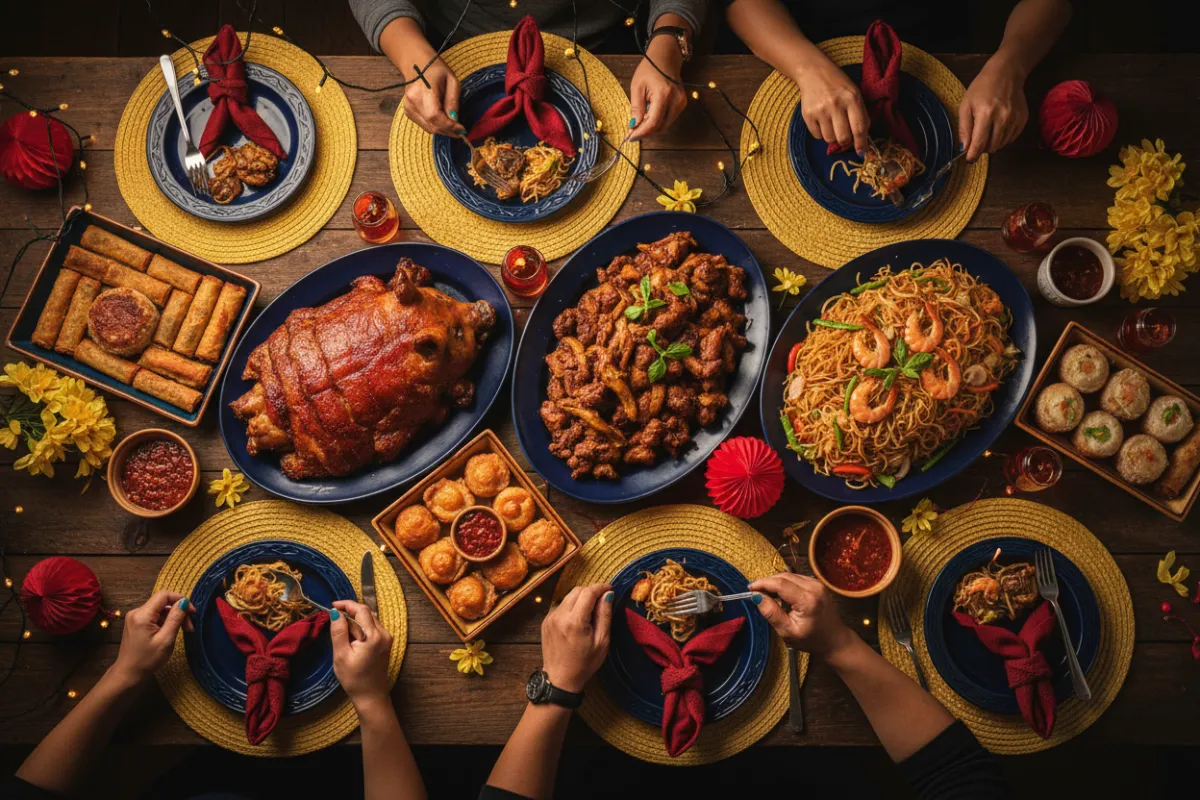 Filipino holiday celebration with traditional food and festive atmosphere