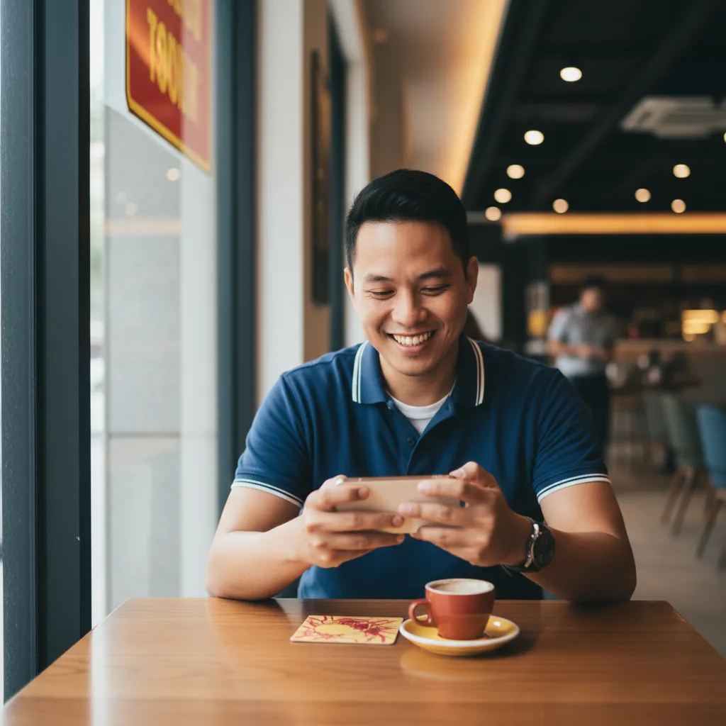 Filipino community member using phone in Alexandria