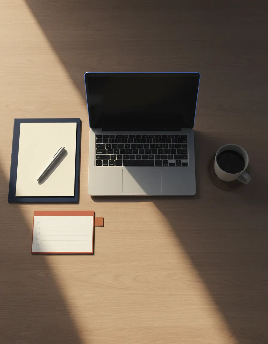 Private document review setting with organized paperwork on a clean desk