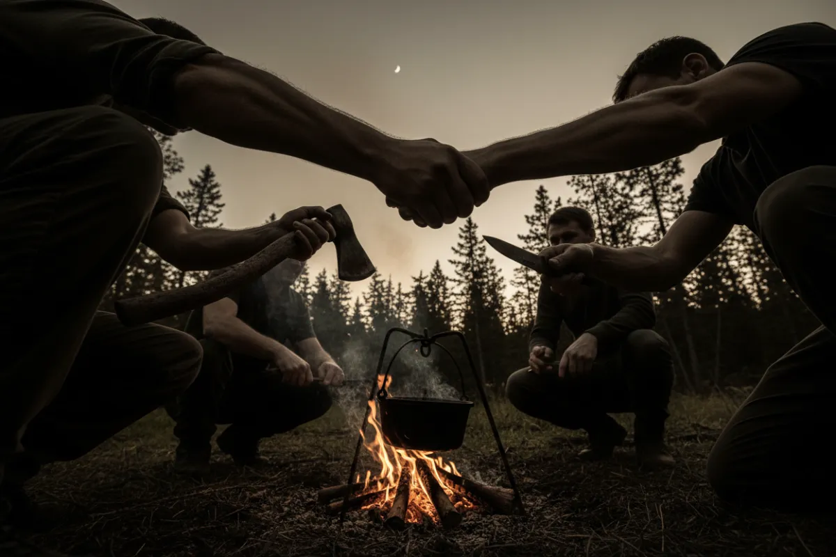 Silhouettes of men gathered in a campfire-style meeting, evoking brotherhood and quiet resolve.