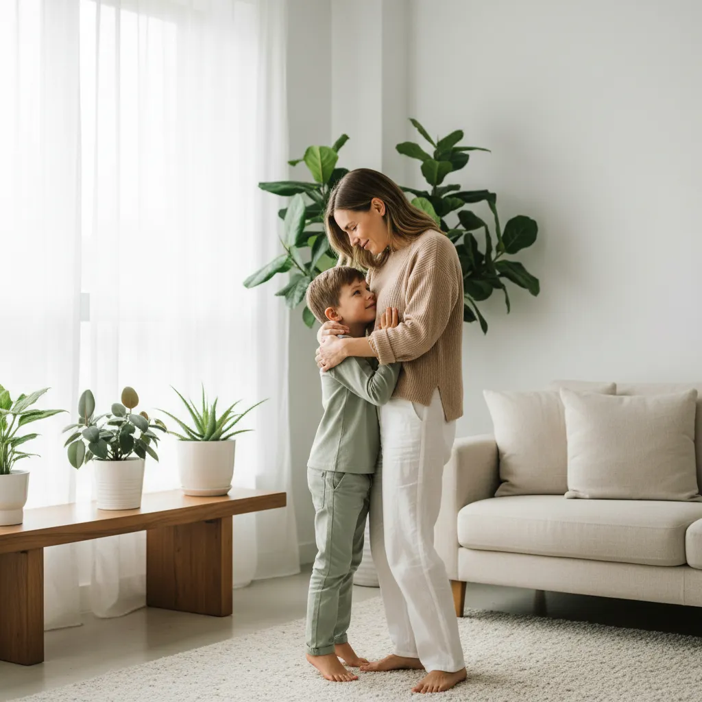 Mamá abrazando a su hijo en un ambiente tranquilo y natural
