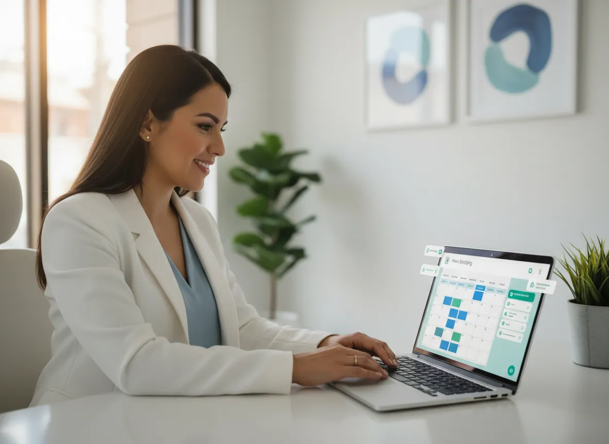 Dueño de negocio local revisando su nuevo sitio web en una laptop