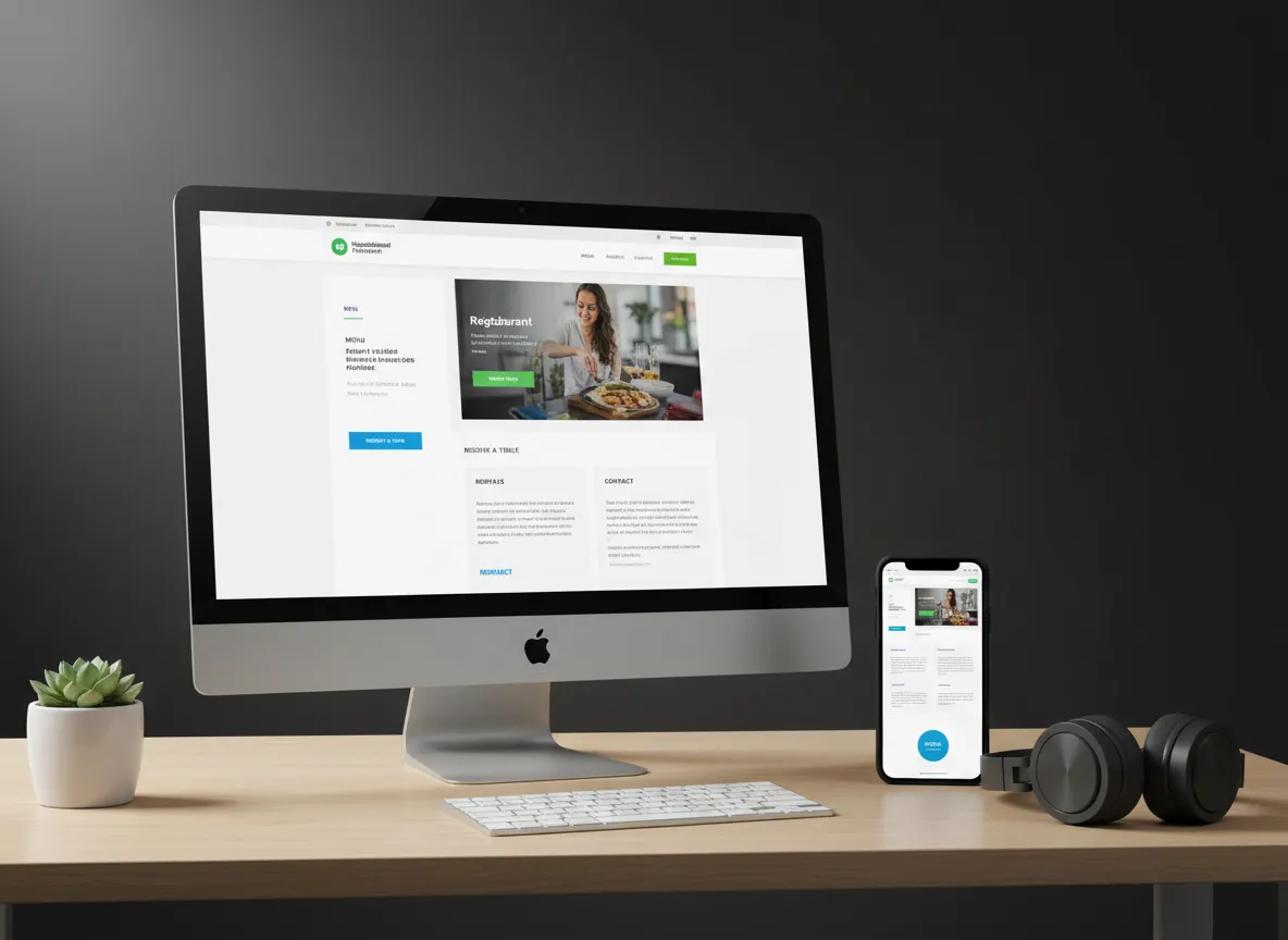 Diseño web mostrando un negocio local en computadora y móvil