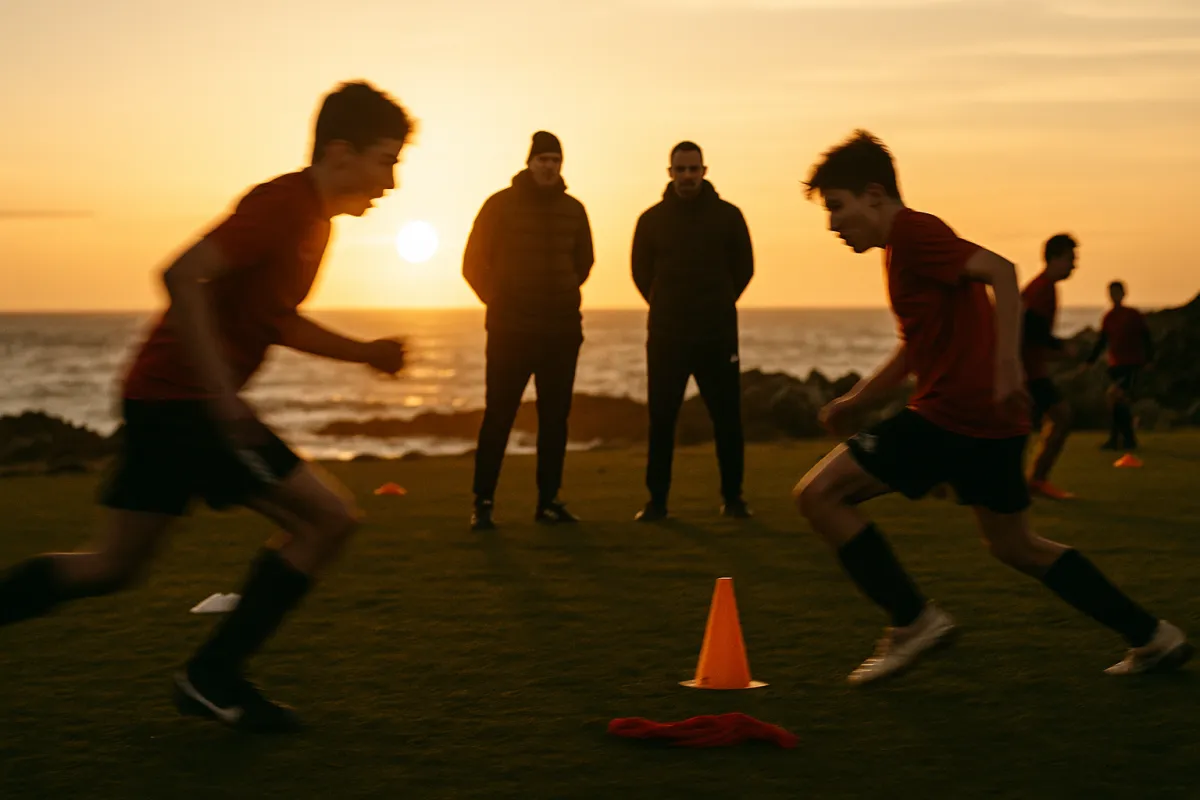 Youth football players training on a coastal pitch at sunset with cones and coaches by the rocky shore.