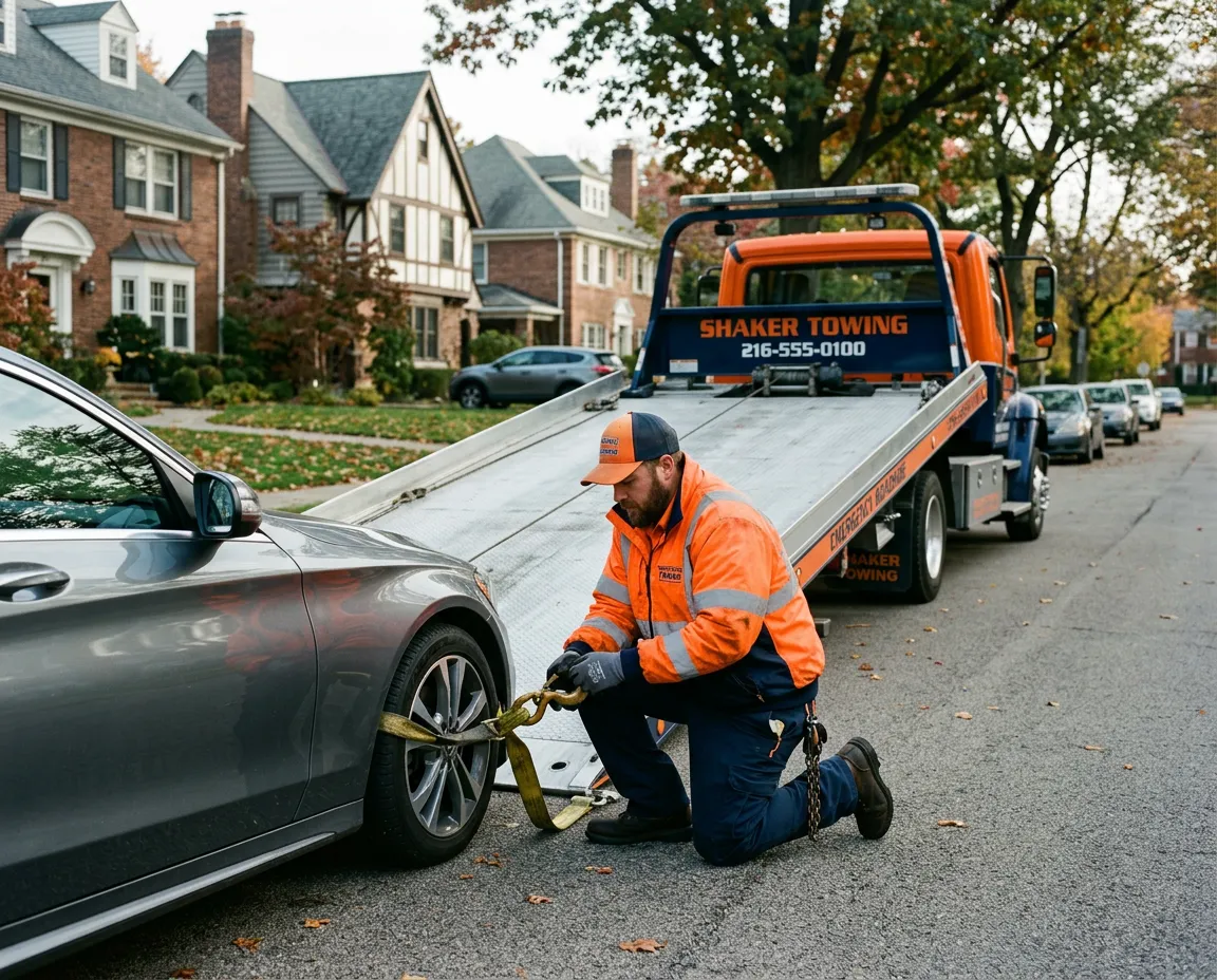 Professional Shiloh's tow truck operator in uniform operating clean flatbed equipment in Shaker Heights