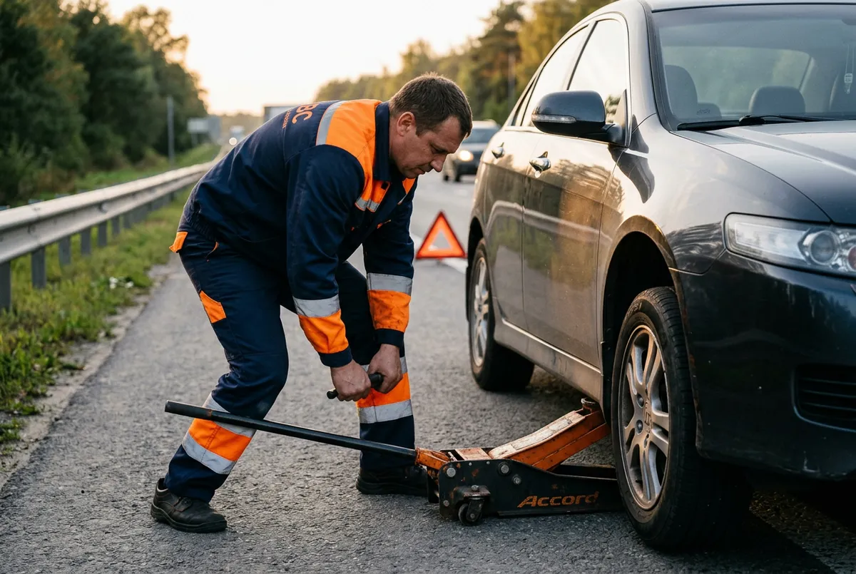 Towing service specialist changing flat tire on vehicle safely with professional tools
