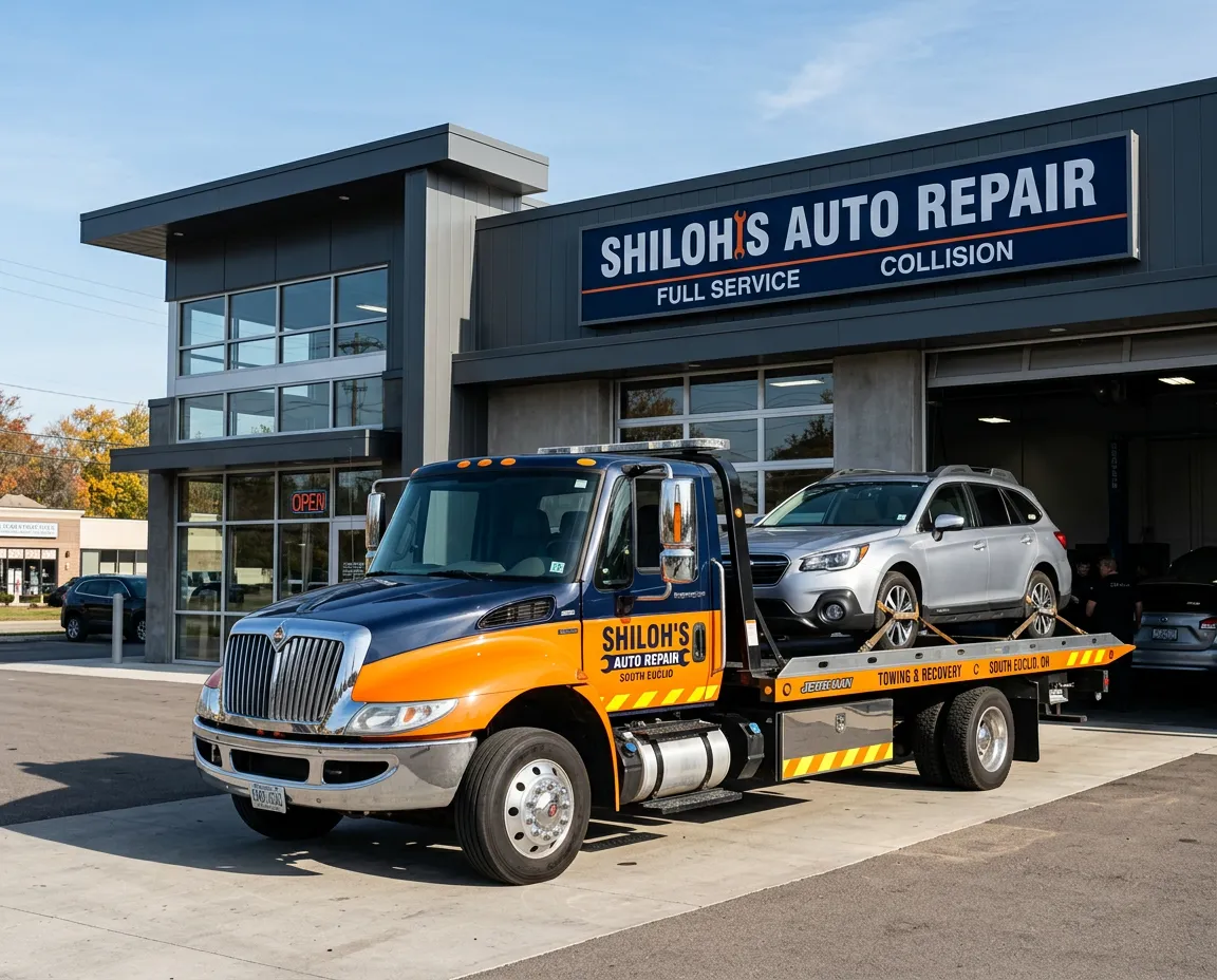 Shiloh's Towing flatbed truck delivering a vehicle directly to Shiloh's Auto Repair service garage in South Euclid