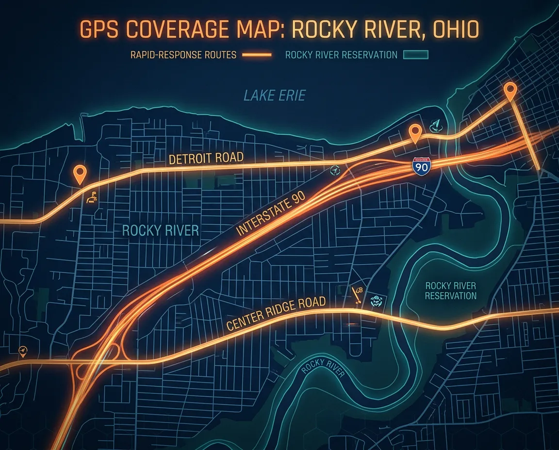 Visual response area map of Rocky River Ohio showing Detroit Rd, Center Ridge Rd, and Interstate 90 fast towing routes