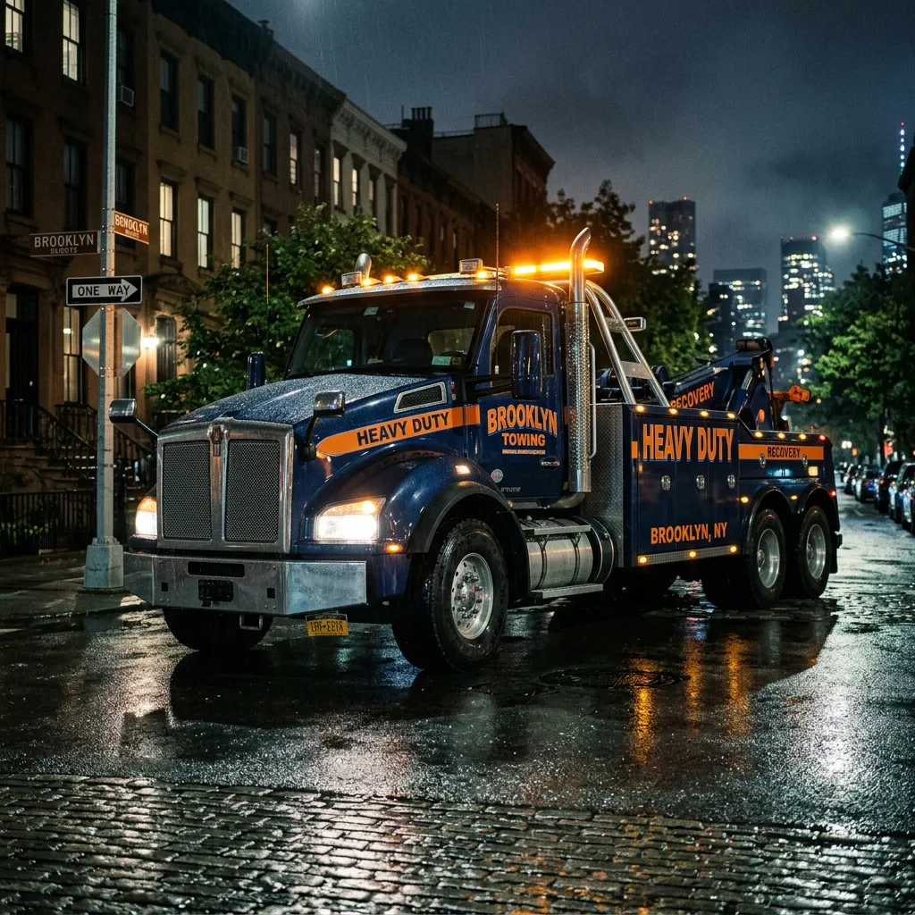 Heavy-duty commercial tow truck on duty in Brooklyn Heights near I-480 corridor