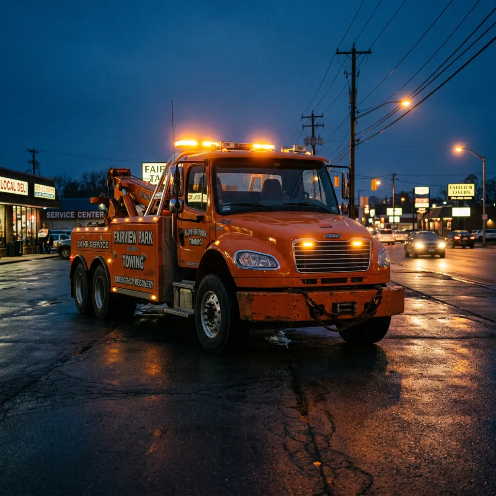 Shiloh's Towing recovery vehicle staged in Fairview Park on the Lorain Road corridor