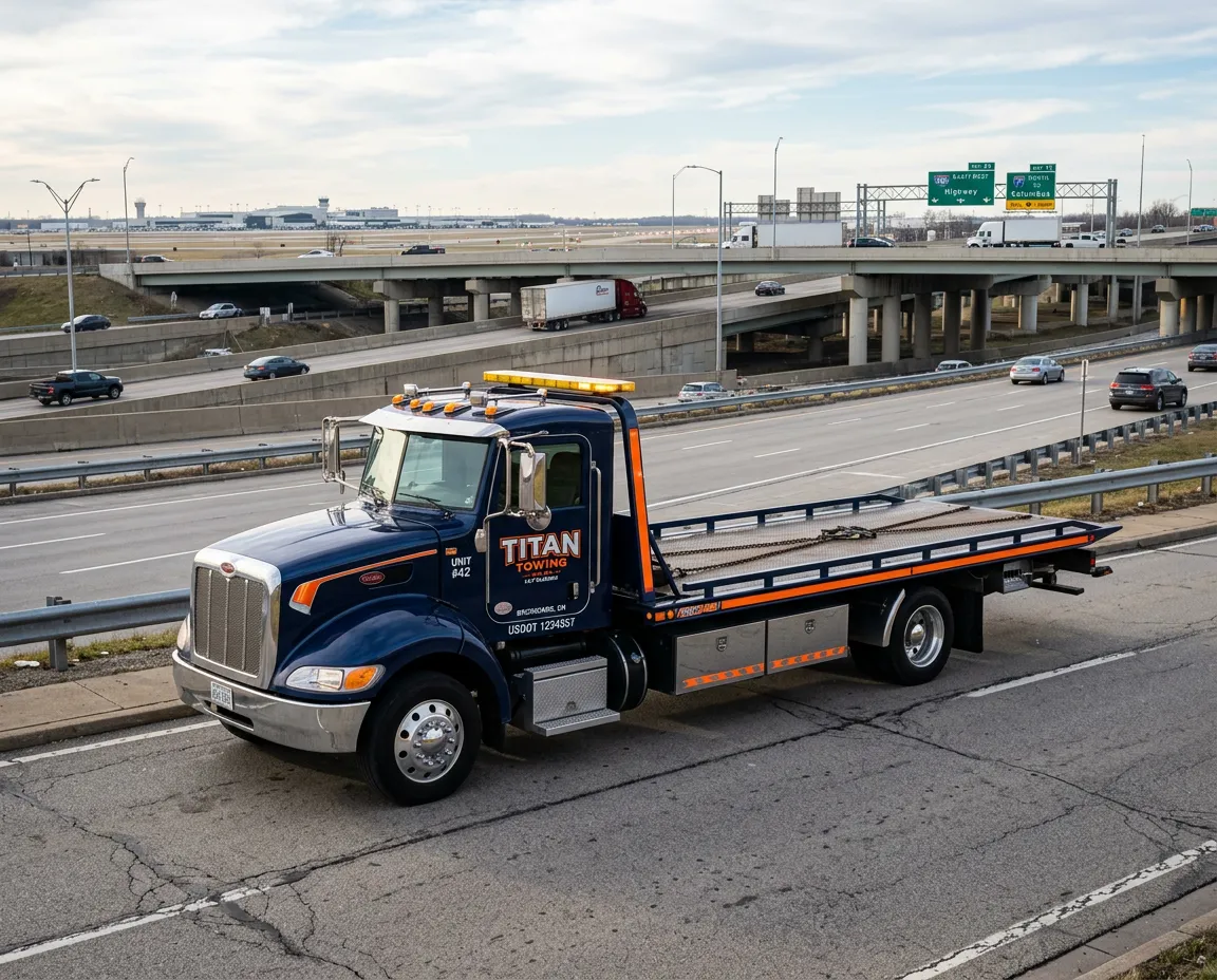 Heavy-duty rollback tow truck operating near Brookpark Road and Cleveland Hopkins Airport