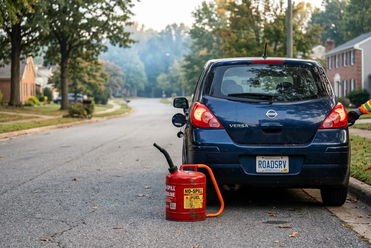 Emergency roadside technician delivering fresh fuel directly into car gas tank