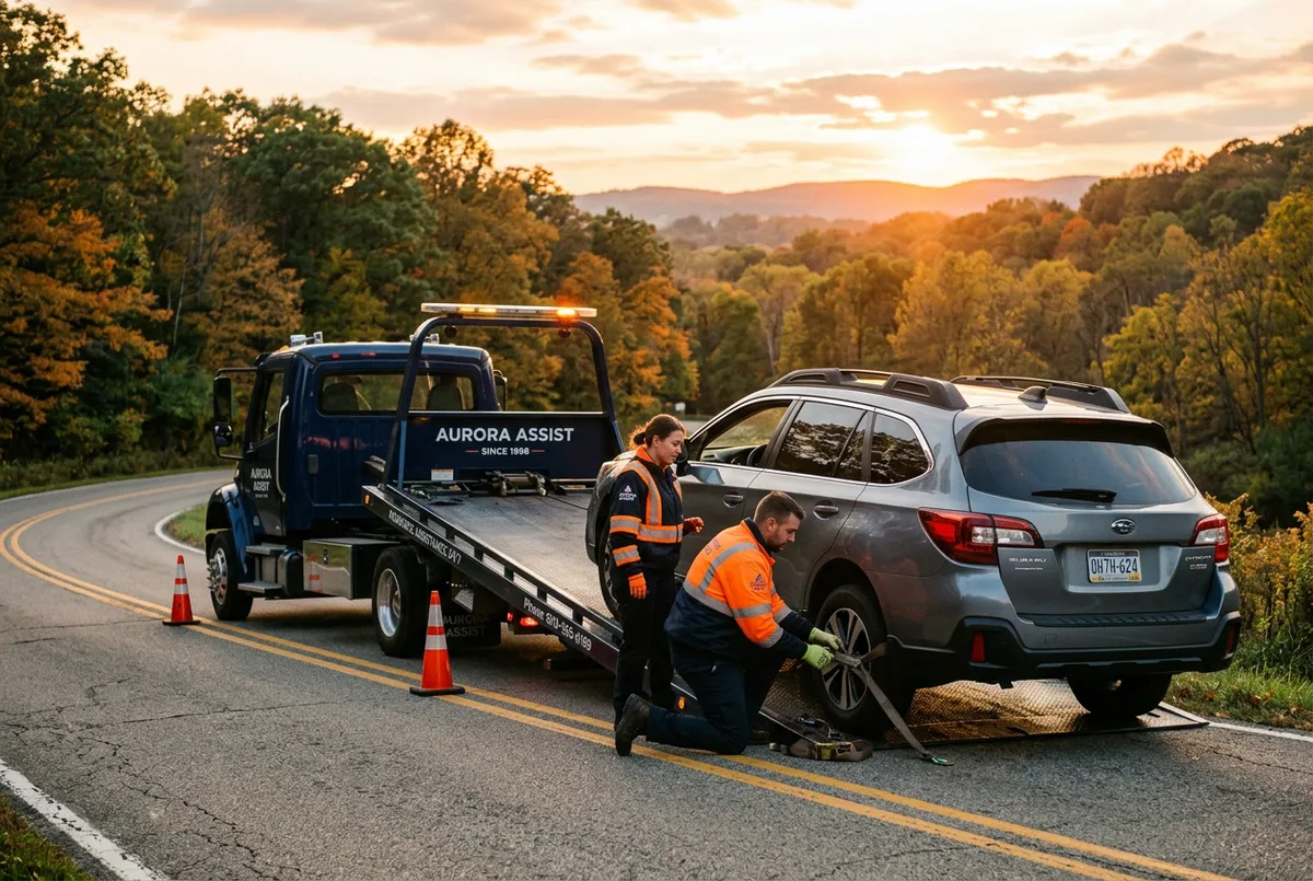 Professional roadside assistance crew securing a vehicle safely on a scenic road in Hunting Valley near Orange