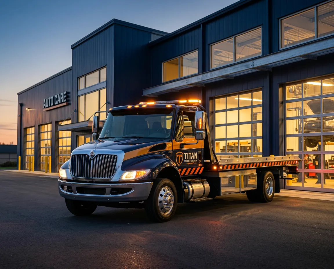 Shiloh's Towing modern heavy-duty flatbed recovery truck stationed outside full-service repair facility