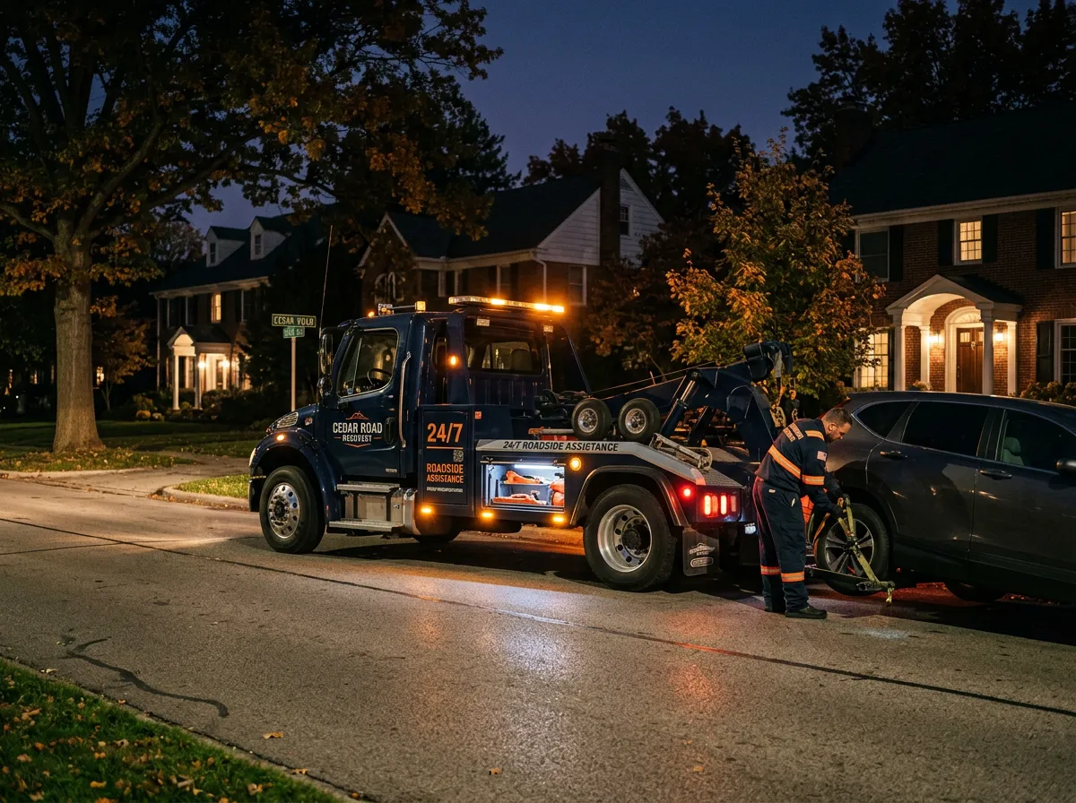 Roadside recovery truck operating along Cedar Road between Shaker Heights and Pepper Pike