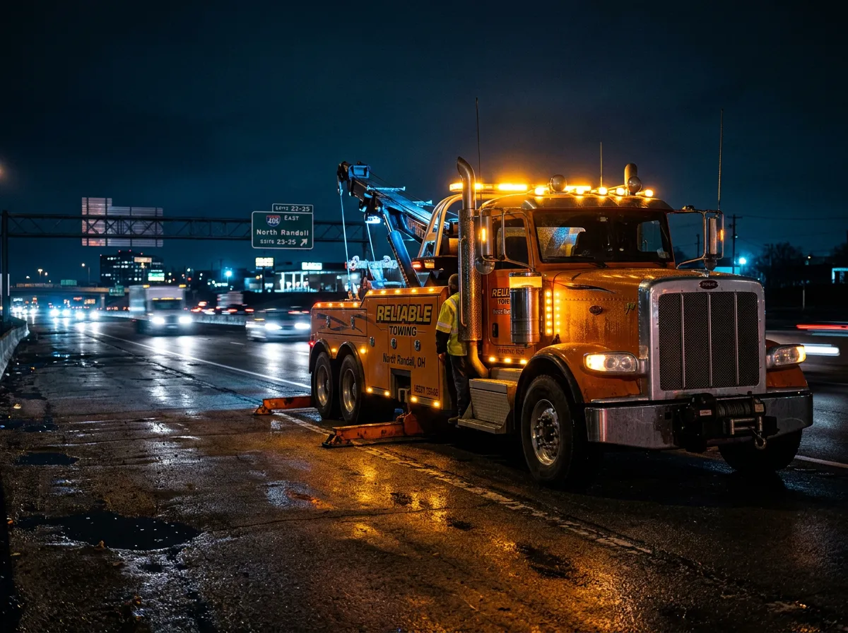 Heavy-duty tow truck operating on I-480 highway corridor in North Randall