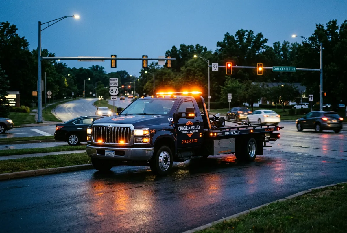 Modern flatbed tow truck on standby along Chagrin Boulevard near SOM Center Road in Moreland Hills