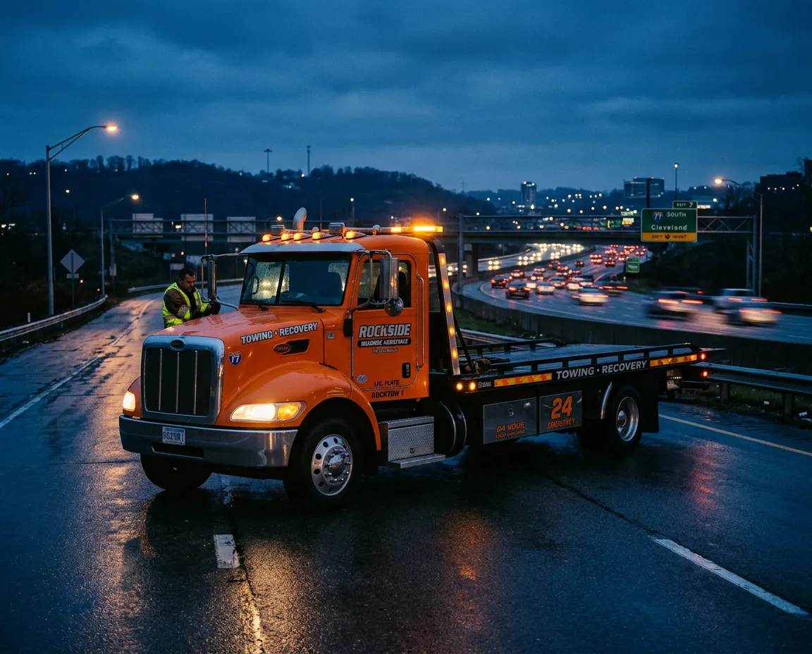 Heavy-duty flatbed tow truck providing rapid roadside assistance on Rockside Road in Seven Hills OH