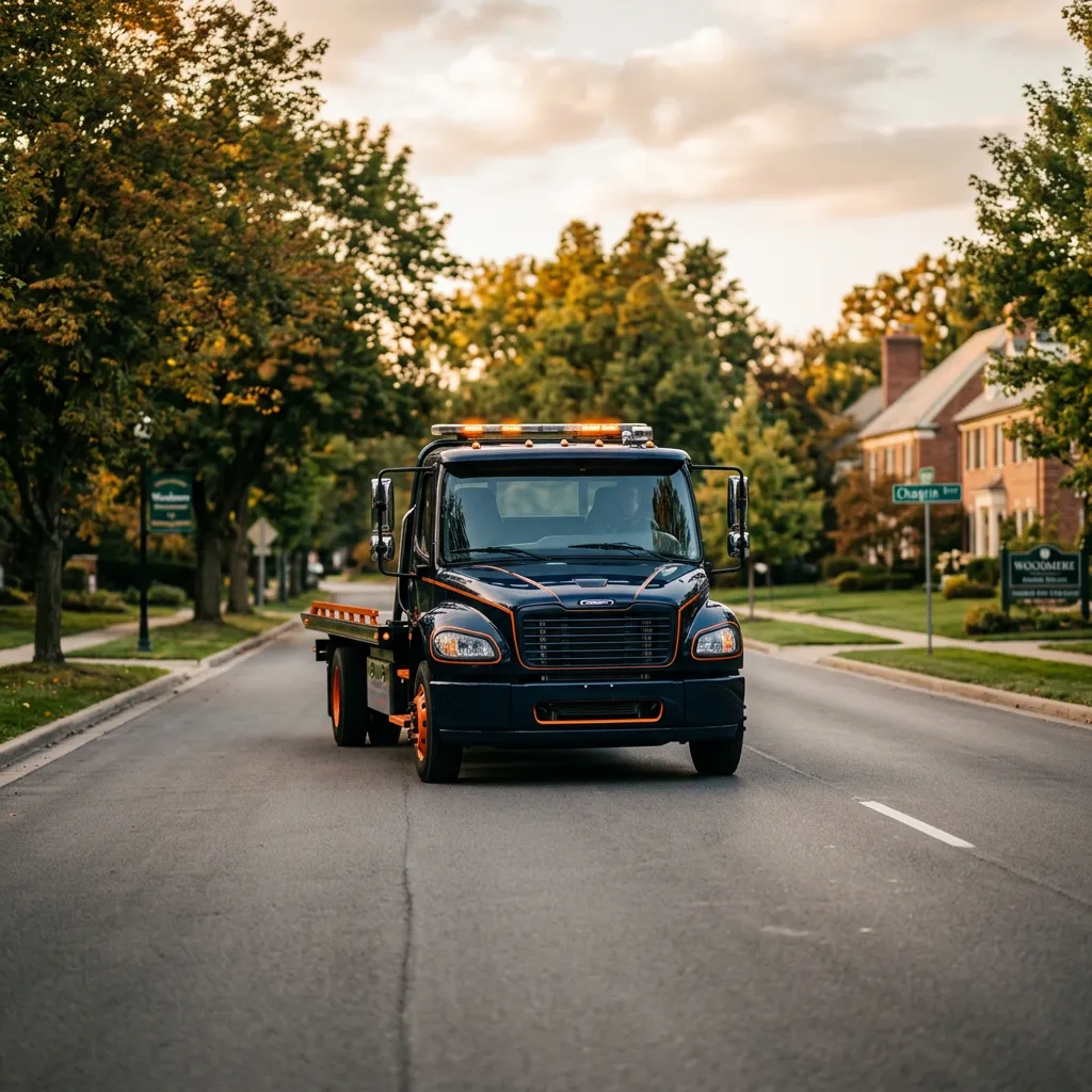 Professional flatbed tow truck providing roadside assistance near Woodmere Ohio