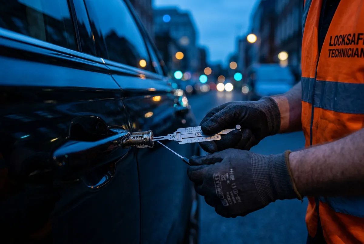 Professional locksmith technician unlocking car door with precision non-destructive tools