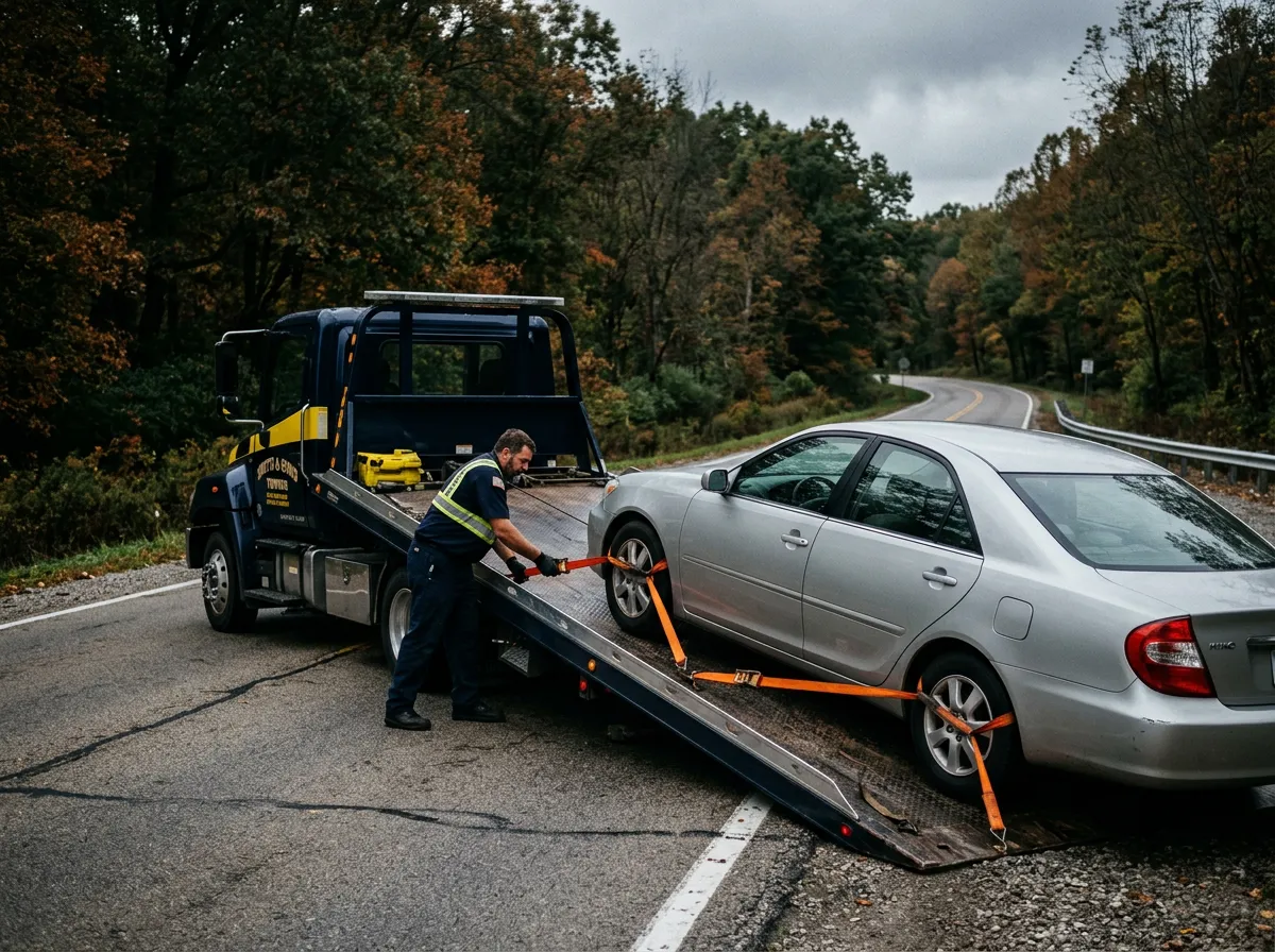 Commercial tow truck in action on a local road connecting Glenwillow to Solon and Bedford