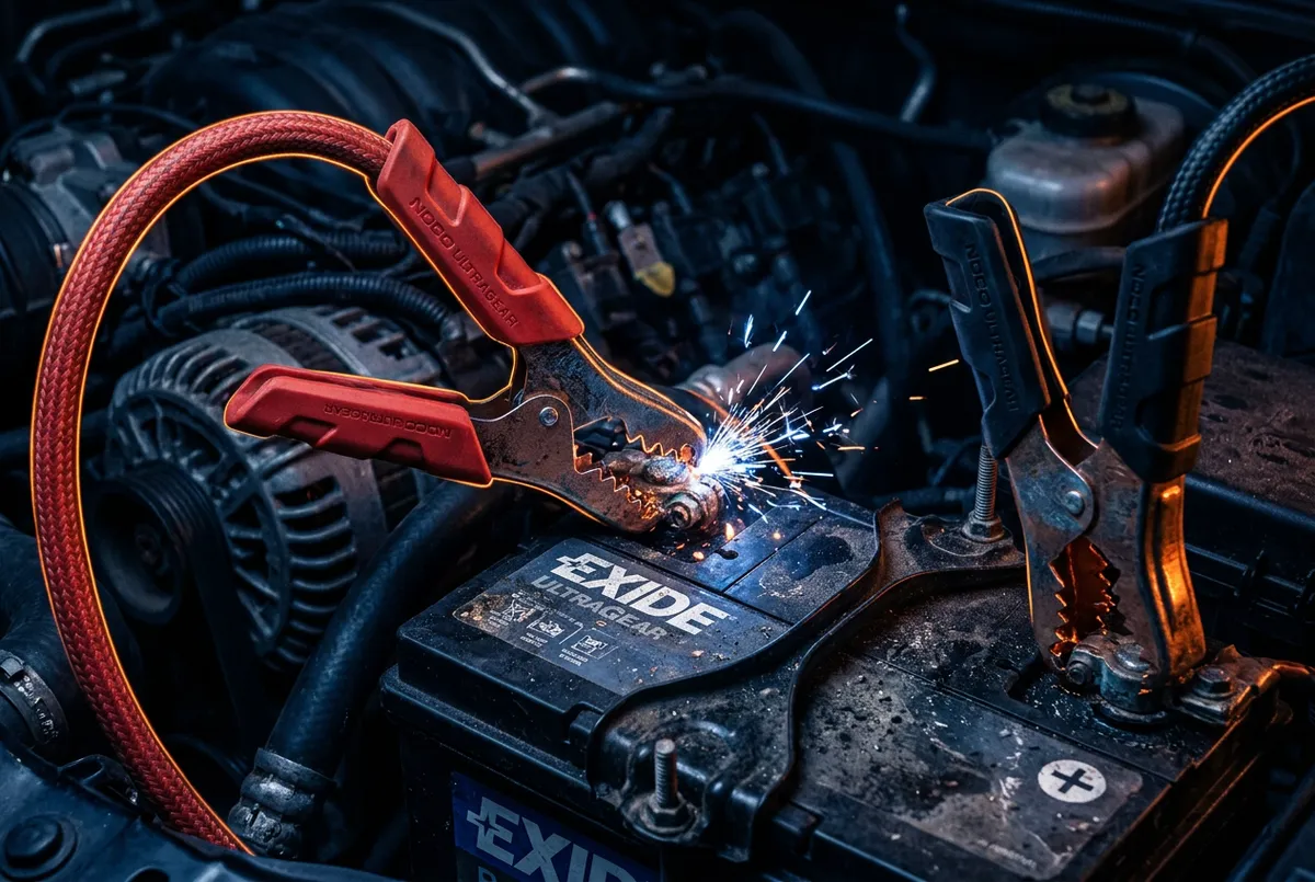 Heavy duty commercial booster jump-starting vehicle engine bay safely