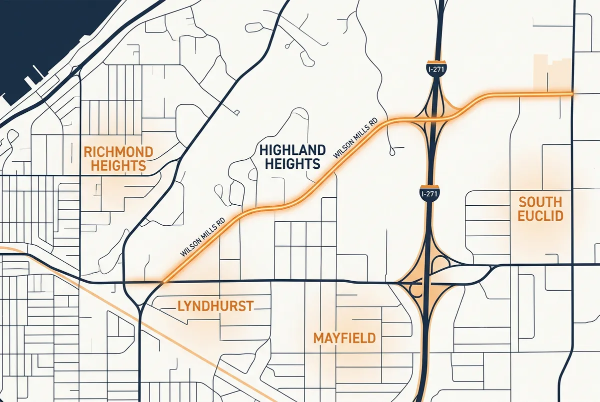 Local Coverage Map Card showing Highland Heights, Wilson Mills Road, and I-271 towing service corridor