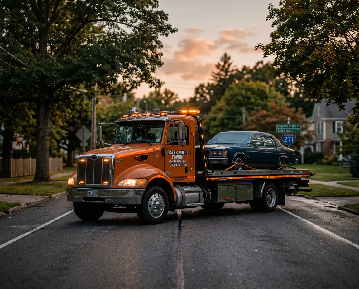 Commercial flatbed tow truck providing dedicated roadside assistance along Chagrin River Road in Gates Mills Ohio