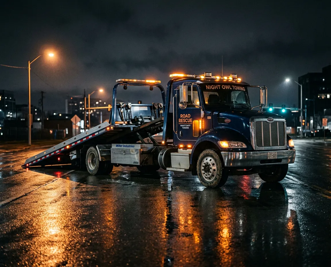 Heavy-duty modern flatbed tow truck on rapid roadside dispatch in Highland Hills Ohio